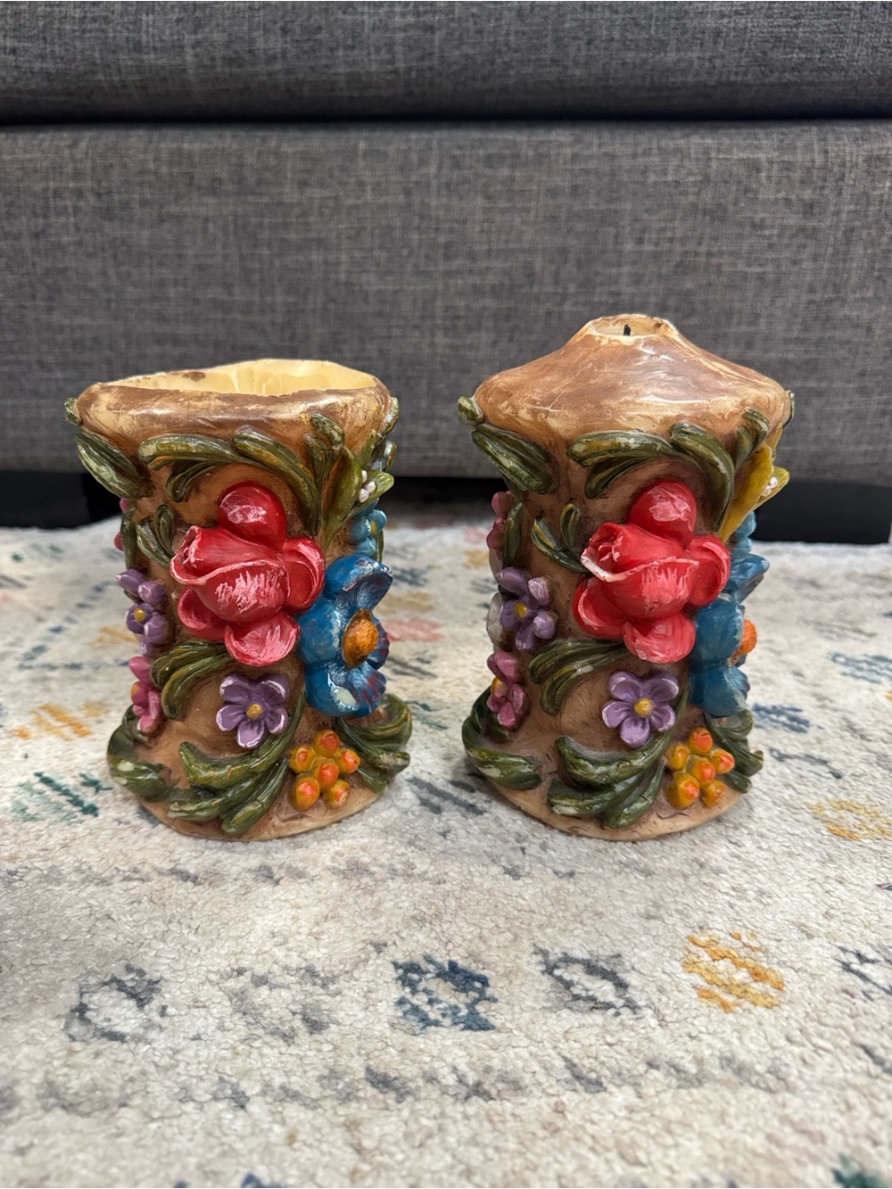 Vintage 1970s Sculpted Floral Wax Candle Pair Cottagecore Fairy core